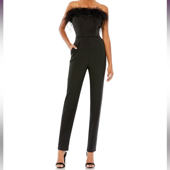 Mac Duggal 68146 Feather Neck Strapless Jumpsuit Size 12 NWT